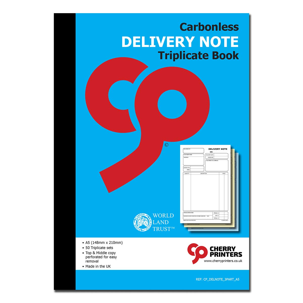 Cherry Carbonless Delivery Note Triplicate Book A5 | 50 Sets | No Carbon Required | Perforated Top and Middle Copy | Made in The UK | Professional Delivery Note Pad for Logistics and Shipping