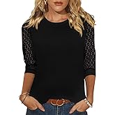 Womens 3/4 Length Sleeve Tops Summer Crew Neck Lace Tunic T-Shirts Business Casual Fashion Blouses Tops 2025