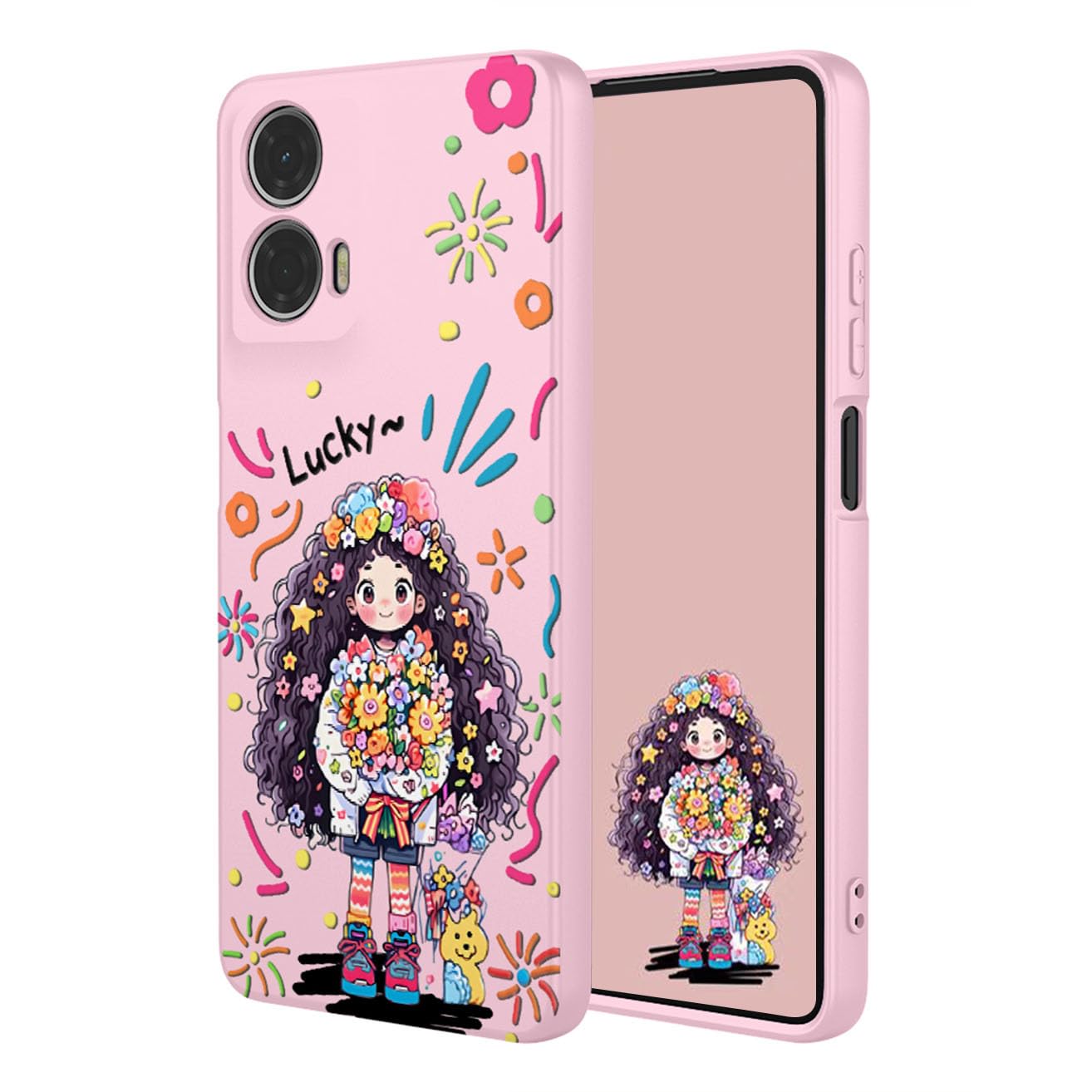 YUEQIAN Liquid Silicone Case for Motorola Moto E14 / Moto G24 / Moto G04, Ultra Slim Soft Silky TPU Rubber Shockproof Cover, Cute Flower Cartoon Girl Pattern Microfiber Lining Case. Cute Girl