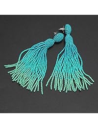 Pendientes largos con borla de color turquesa con flecos, para mujeres y niñas