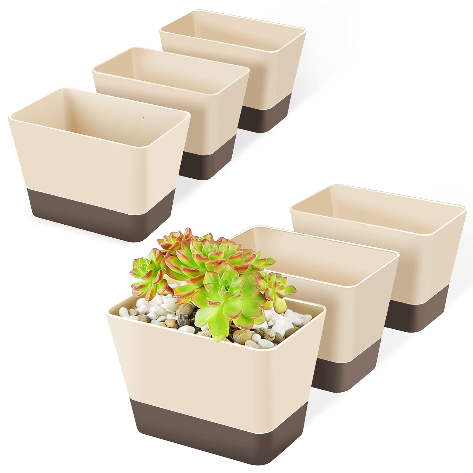 GREANER Indoor Planter Pots with Drainage, 6 Pack 6x3.8 Inch Herb Window Boxes with Saucer, Modern Plastic Plant Flower Succulent Cactus Pots for Windowsill, Garden Balcony, Home Office Outdoor Decor