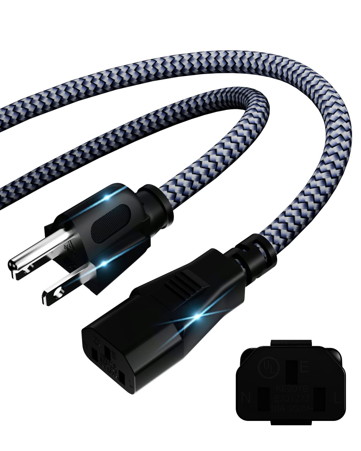 Photo 1 of Power Cord - 3 Pin Power Cord Braided,10FT/3m AC Replacement Power Cable 3 Prong,Universal Power Cord for Monitor, PS3, Xbox-360, TV, Computer, Printer,PC and More(10A,110V-250V,18AWG)