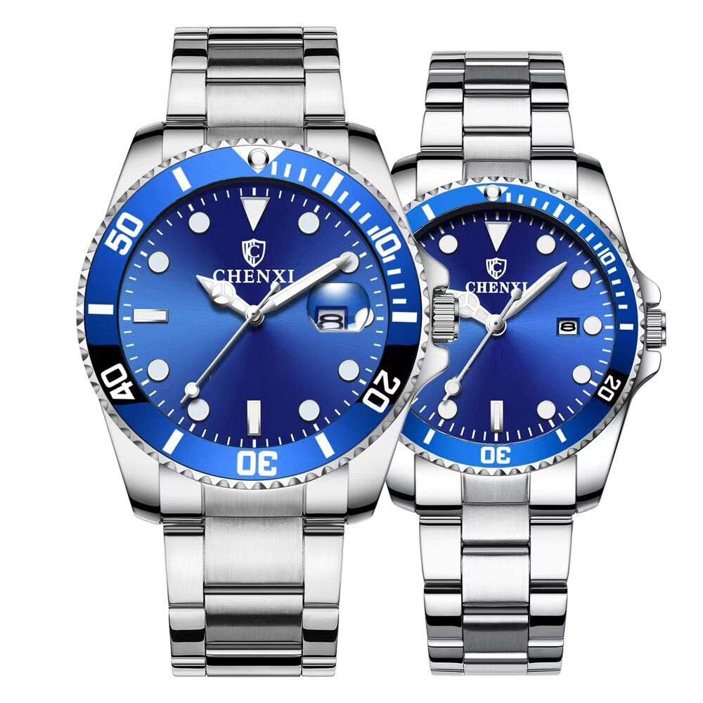 MASTOP Couple Watches Classic Golden Stainless Steel Watch His and Hers Waterproof Quartz Watch…, Silver blue, Quartz Watch