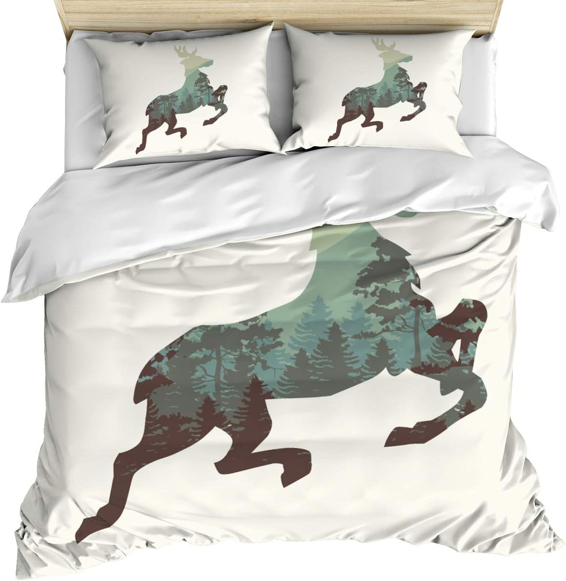 wanxinfu Bedding Set 3 Pcs Duvet Cover Set King Size, Abstract Christmas Reindeer Silhouette Run Among Mountain Image Quilt Cover Suitable for Adults for Holiday