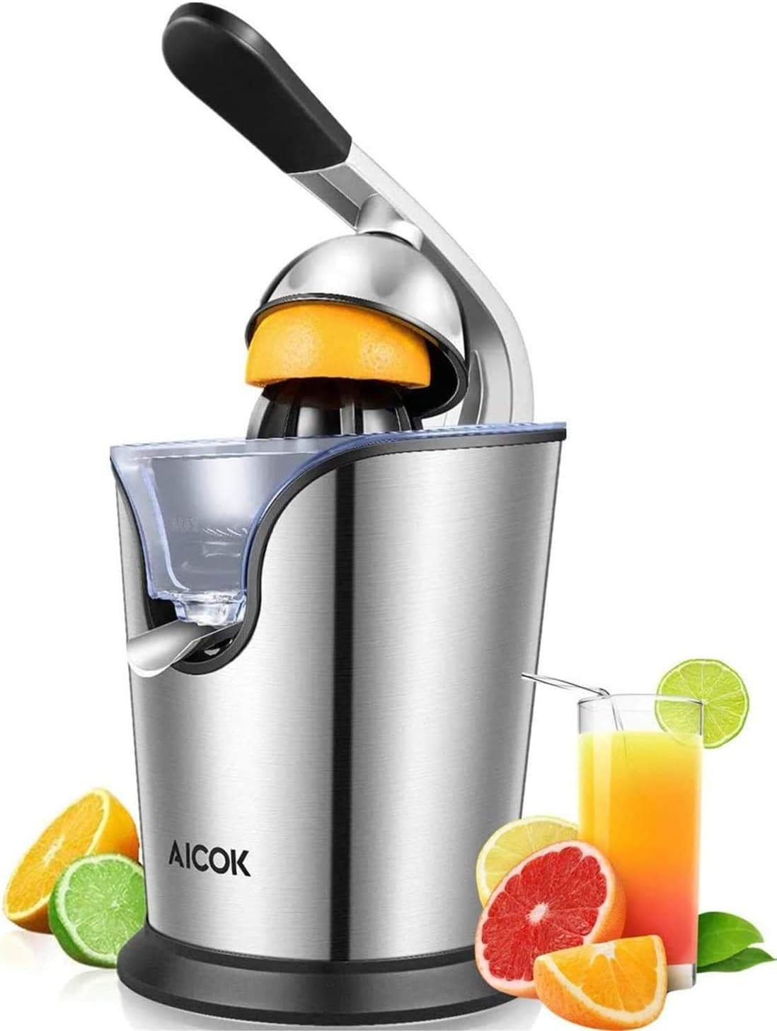 Aicok Electric Orange Juicer Squeezer Powerful 160W Citrus Juicer with Soft Grip Handle and Cone Lid for Easy Use, Two Size Cones for Different Citrus Fruits, Silver