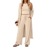 Modoo Vaylah 3 Piece Lounge Sets for Women Airport Travel Outfits 2026 | Vacation Matching Set, Long Cardigan Sleeveless Tank Top Wide Leg Pants Sweatsuit, Comfy Loungewear Sleepwear