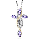 Cross Necklace For Women In 925 Silver and 10K Yellow Gold with Lab Grown Diamond and Blue Tanzanite | 1.34 Cttw | Jesus Christian Religious Crucifix | Marquise Cut 8X4MM | With 18 Inch Chain