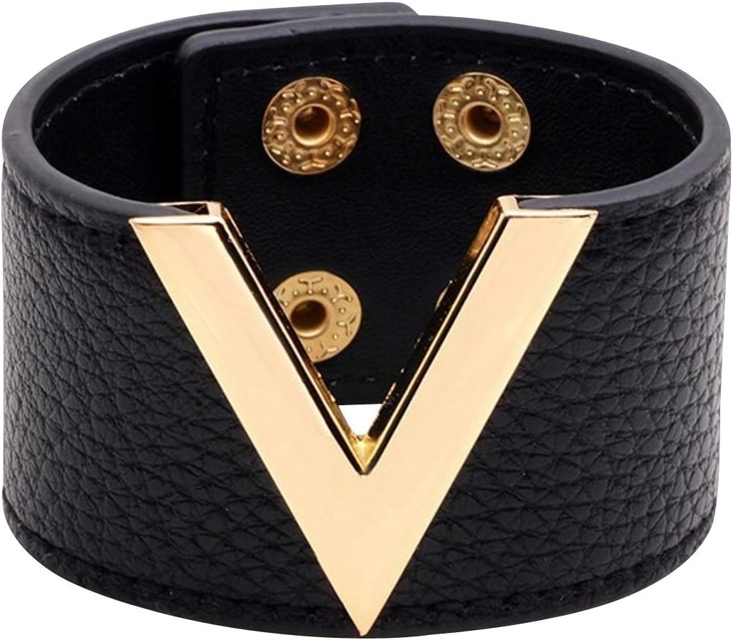 Wide Cuff Leather Wrap Bracelet V Shape 21cm 8 inch Length