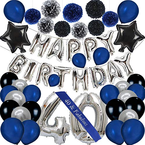 40th-Birthday-Party-Balloons-Kits-40th-Birthday-Party-Supplies-40th-Birthday-Sash-Happy-Birthday-Banner-40th-Silver-Number-Balloons-SilverBlackNavy-Blue-Paper-Pom-Poms