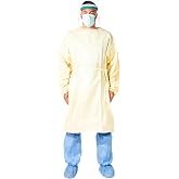 Disposable Isolation Gowns 100 Pack Yellow, Lightweight SMS Fabric, Elastic Cuffs, Hook and Loop Neck, Waist Ties, Breathable Fluid Resistant Protective Gowns for Medical, Dental, Lab Use(Large)