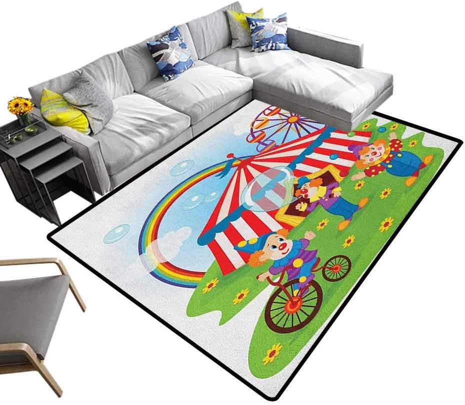 Traditional Area Rug Circus, Contemporary Painting Art Rug Circus Scene with Clowns on Grass Rainbow Ferris Wheel Happy Bubbles Childhood Theme Play, Learn and Have Fun Safely Multicolor, 7 x 7 Feet