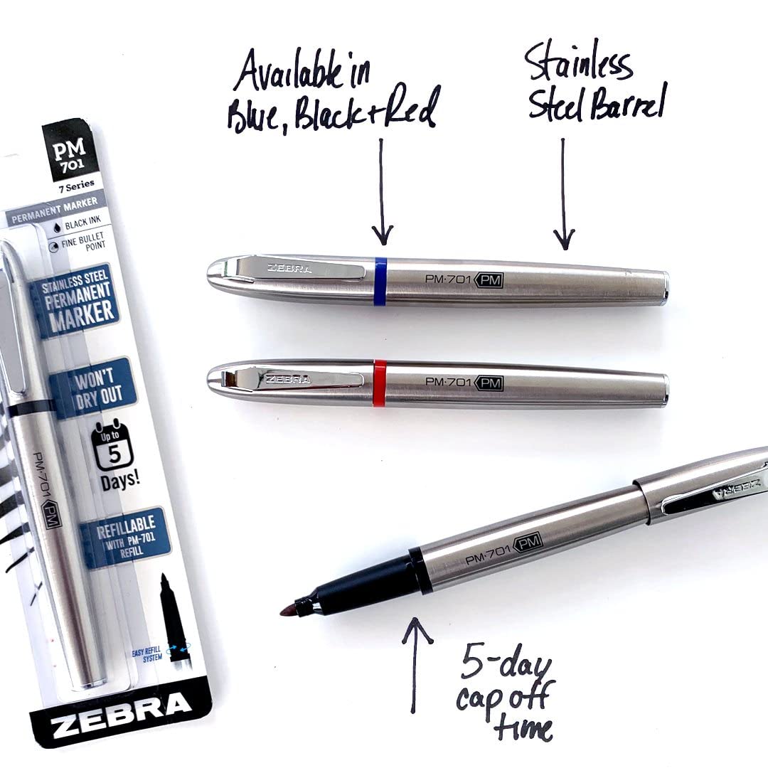Zebra Pen PM-701 Permanent Marker, Stainless Steel Barrel, Fine Bullet Tip, Black Ink, Refillable, 1-Pack