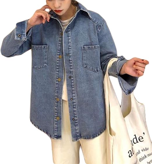 Amazon Zhongjue ジュージェン デニム アウター レディース ゆったり トップス デニムシャツ 薄手 春服 韓国ファッション ジャケット 通学 4ブルー コート ジャケット 通販