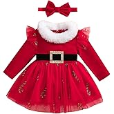 BeQeuewll Baby Girl Christmas Outfit Red Green Dress Long Sleeve Velvet Party Tulle Dress Toddler Christmas Clothes Winter