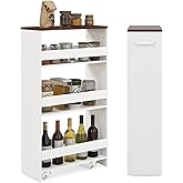 LOKO 4-Tier Rolling Storage Cart, 8 Inches Slim Kitchen Cart on Wheels with Open Shelves & Handle, Laundry Room Cart Between Washer and Dryer, for Bathroom Next to Fridge (White & Rustic Brown)