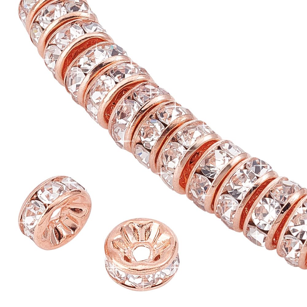 PandaHall Elite 50pcs 8mm Rondelle Brass Rhinestone Straight Flange Spacer Beads Rose Gold 8x3.8mm for Craft