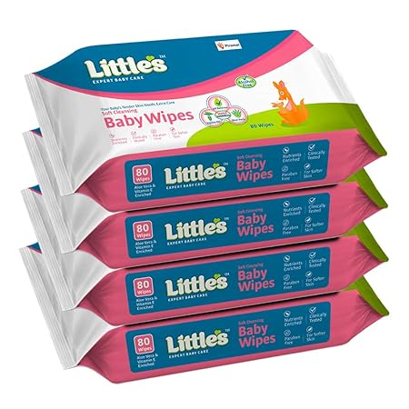 Littles Soft Cleansing Baby Wipes with Aloe Vera, Jojoba Oil and Vitamin E (80 Wipes) Pack of 4