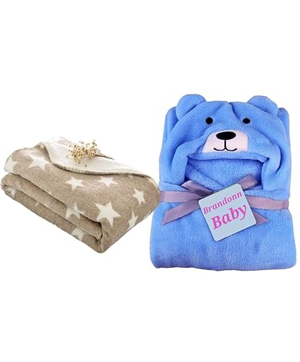 BRANDONN All Season Supersoft Beige Star and Blue Dog Hooded and Printed Baby Blanket and