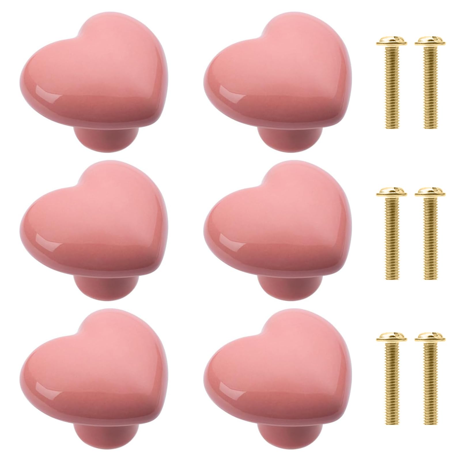 Naseom 6PCS Furniture Knobs, Heart Ceramic Drawers Knobs, Pink Door Knobs, Cute Handmade Decorative Handles with Screws for Children's Room, Drawers, Cupboard, Wardrobe, Bookcase