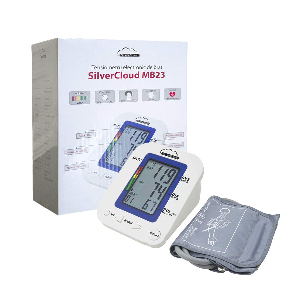 Blood Pressure Monitor SilverCloud MB23 Upper Arm Blood Pressure for Home Use Heart Rate Monitor BP Cuff, Hypertension Detector with Cuff 22-36 cm LCD Display, Memory