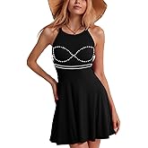 ANYFITTING Built in Bra Halter Dresses for Women Short Mini Casual Ribbed Skater Cute Dress