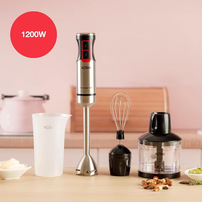 - Batidora de Mano Pro Chef 1201, 1200W, 21 Velocidades Ajustables + Turbo, 4 Cuchillas Acero Inoxidable, Pica Hielo, Antisalpicaduras, Accesorios Incluidos, Vaso Medidor, Negro y Metálico