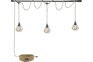 KENMI 3-Light Hanging Light with Plug in Cord,Plug in Pendant Light 22ft Hemp Rope Pendant Lighting Vintage 3-Light Hanging Lamp Fixtures for Kitchen Island Living Room Bedroom