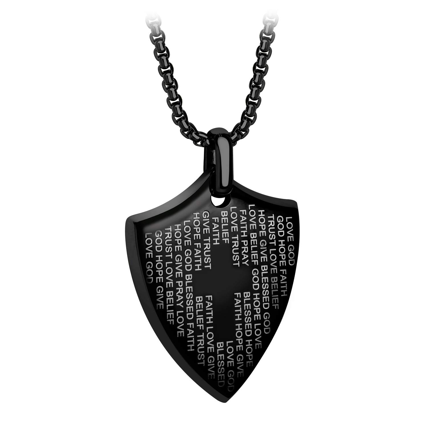 555Jewelry Stainless Steel Shield Cross Necklace for Men, Bible Verse Inspired Evngraving Polished Religious Crucifix Cross Pendant for Men & Boys, Black, 16 Inches Box Chain — image 1