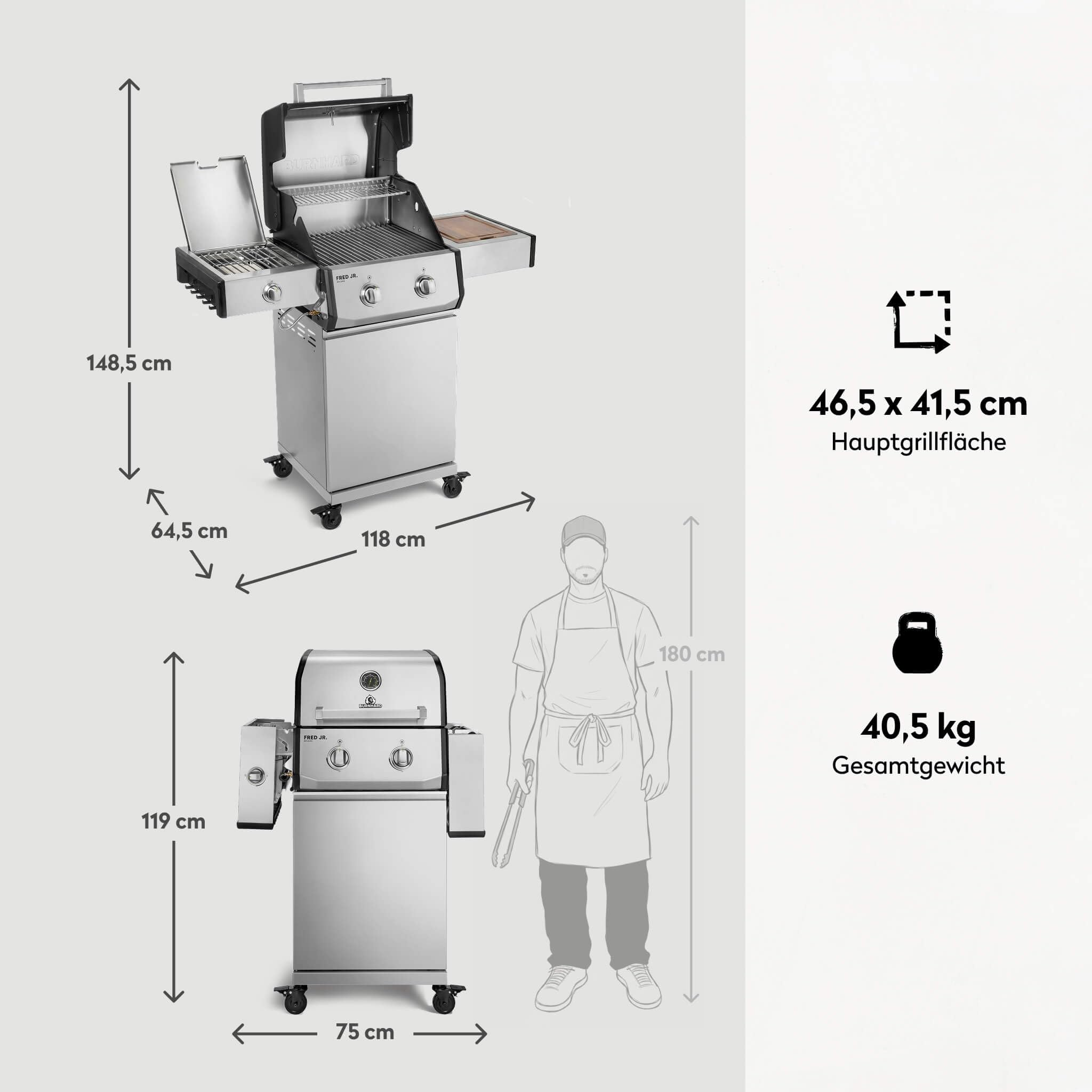BURNHARD® Gasgrill 2-Brenner 900°C Infrarot-Keramikbrenner, Gusseisen-Grillrost, klappbare Seitentische, Grillabdeckung – FRED Jr. Deluxe – Series 3 3