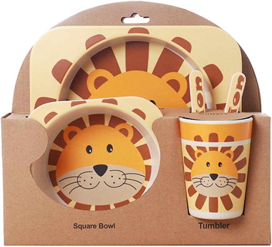 KEBY 5pcs/Sets Baby Toddler Feeding Tableware Set Dish Tableware Set Cartoon Fork Feeding Dishes for Kids Utensils Natural Bamboo Fiber Bowl with Cup Spoon Plate (Lion)