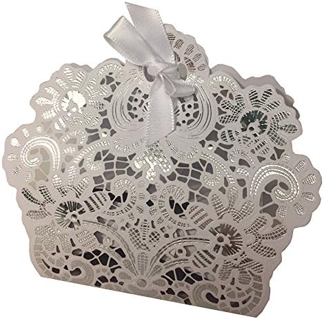 10 White and silver foil wedding favor boxes, candy favor box, gift box, laser cut lace with silk ribbon for a bow