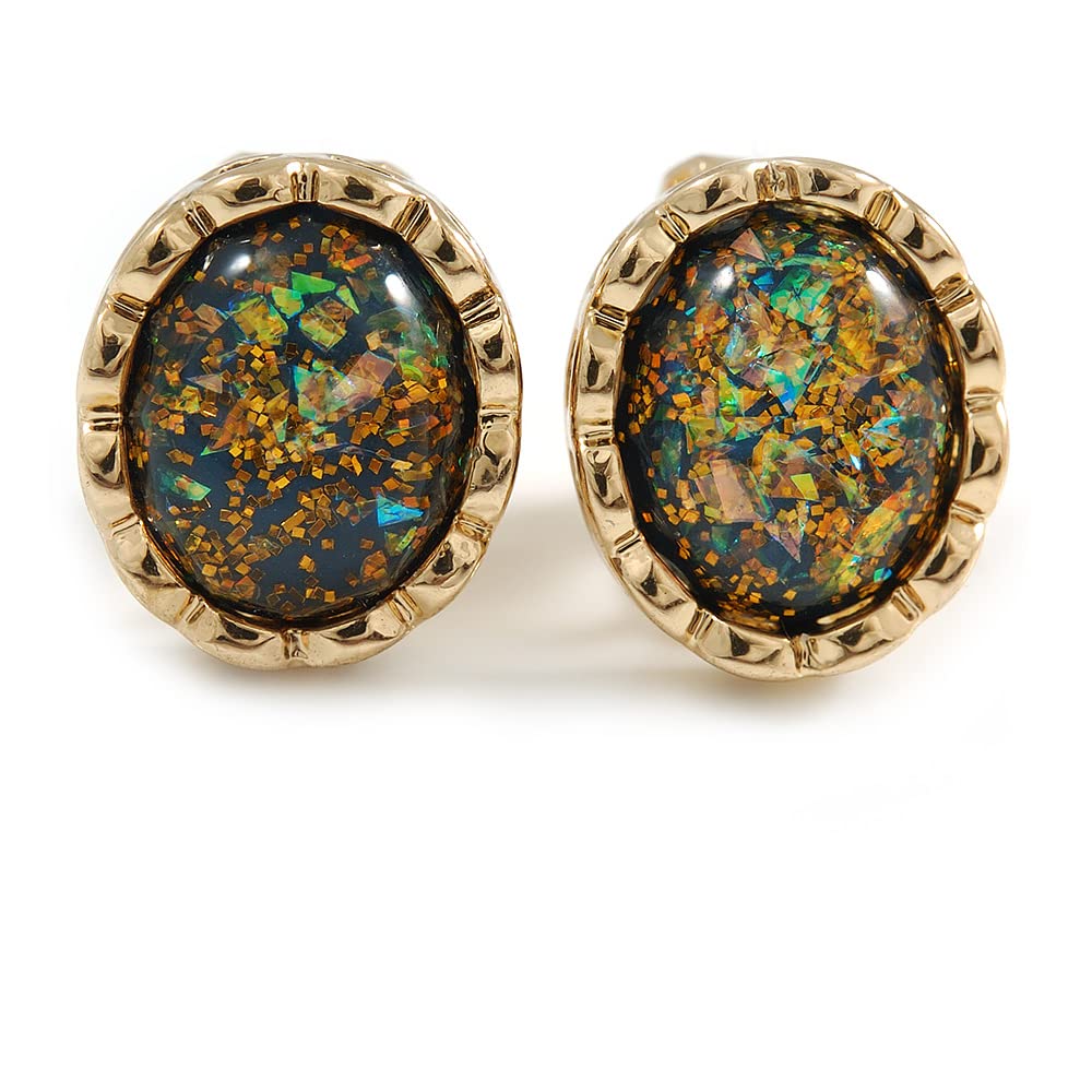 15mm Small Oval Peacock Effect Clip On Earrings In Gold Tone