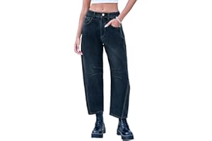 GREAIDEA Mid Rise Barrel Jeans for Women Wide Leg Mid Waist Cropped Denim Pants Y2k Baggy Boyfriend Jeans with Pockets