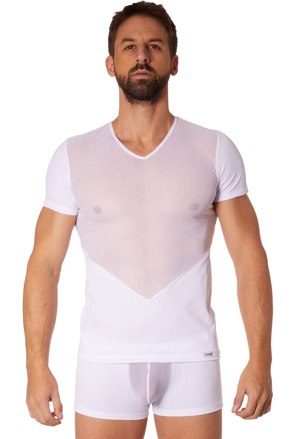 Look Me Men's Finely Openwork Transparent T-Shirt, White, Small