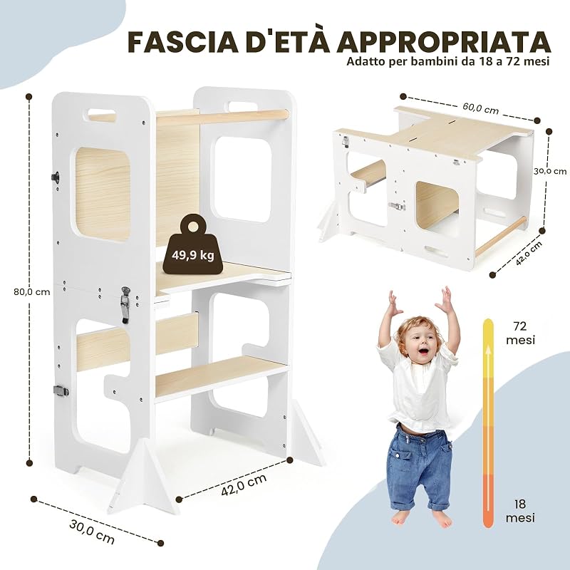 Montessori Torre per bambini, 3 in 1 Torre di Apprendimento Pieghevole, Multifunzionale Torre didattica con lavagna, Legno protezione antiribaltamento torretta da 1 anno bambini-bianco e legno