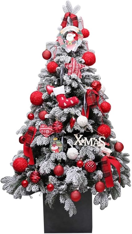 Alxdr Arbol De Navidad Artificial Nevado Pino Pre Iluminado Totalmente Decorado Con Cadena De Luz Led Bola De Navidad Base Rojo 5ft Amazon Es Hogar