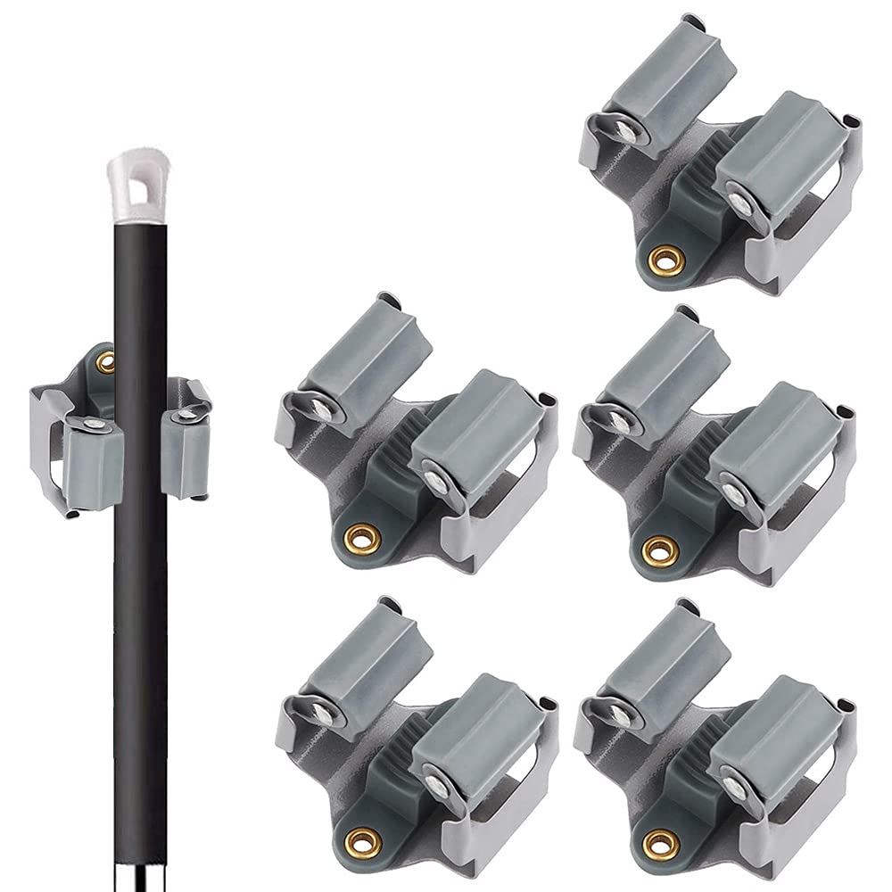 Xhtol Mop Broom Holder, 5 Pcs Mop Holder Wall Mounted Clip Hanger Broom Gripper Storage Rack Sweeping Brush Hook Organiser Tidy Tools for Closet Kitchen Garden Garage Bathroom
