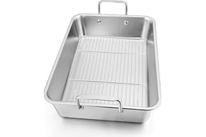 Leonyo Roasting Pan with Rack, 14 Inch Turkey Roasting Pan & Cooling Rack, Stainless Steel Baking Pans Non Stick Roaster Pan with Wire Rack for Cooking Ham, Chicken, Cake, Lasagna, Casserole