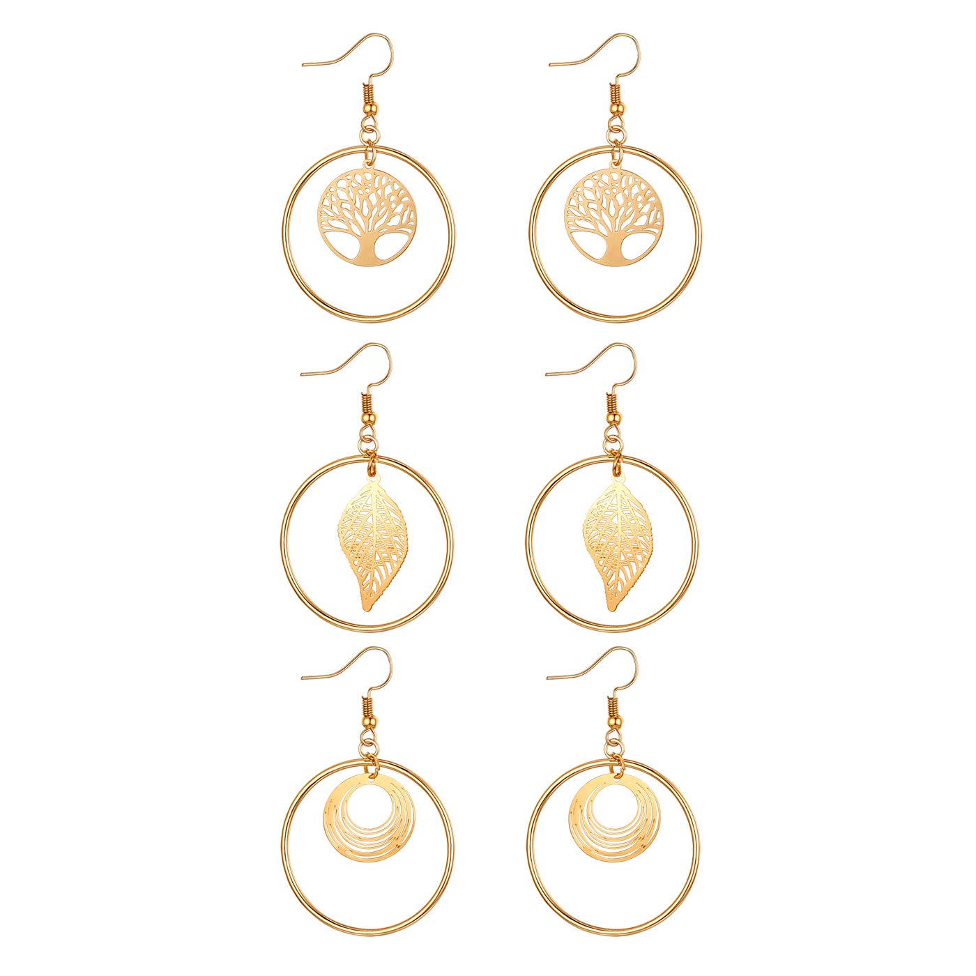JewelryWe 3Pairs Women's Dangle Earrings Set,Large Hoop Hollowed Tree of Life/Leaf Dangling Stainless Steel Stud Earrings for Women Girls(Gold)