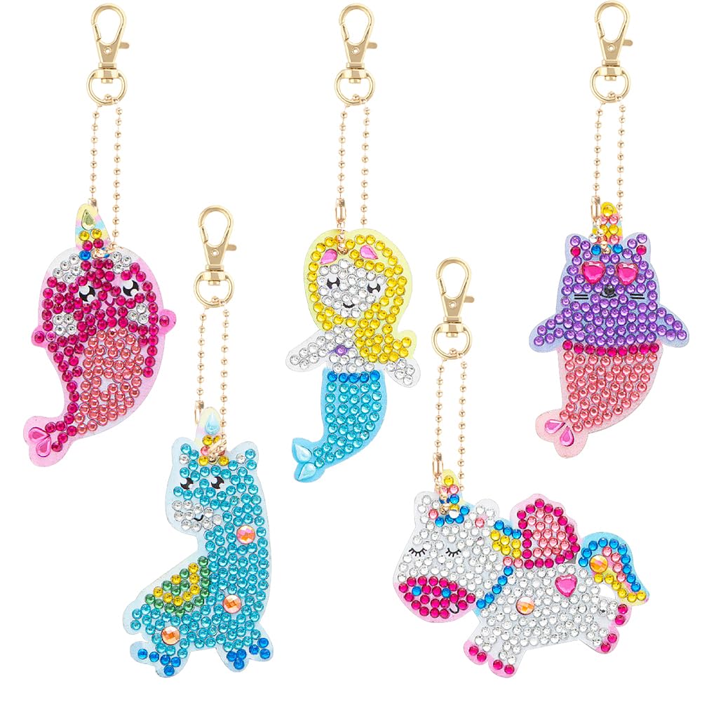 AUAUY 5 Pieces Mermaid Diamond Painting Keychains, 5D DIY Art Keychain Christmas Hanging Kits, Ornaments for Kids Crafts Decor Key Ring
