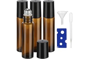 GIVITASOT 10ML Essential Oil Roller Bottles, 4 Pack Brown Oil Roller Bottles for Essential Oils, Roll on Bottle with Stainless Steel Balls(4 Labels, Opener, Funnel, Dropper Included)