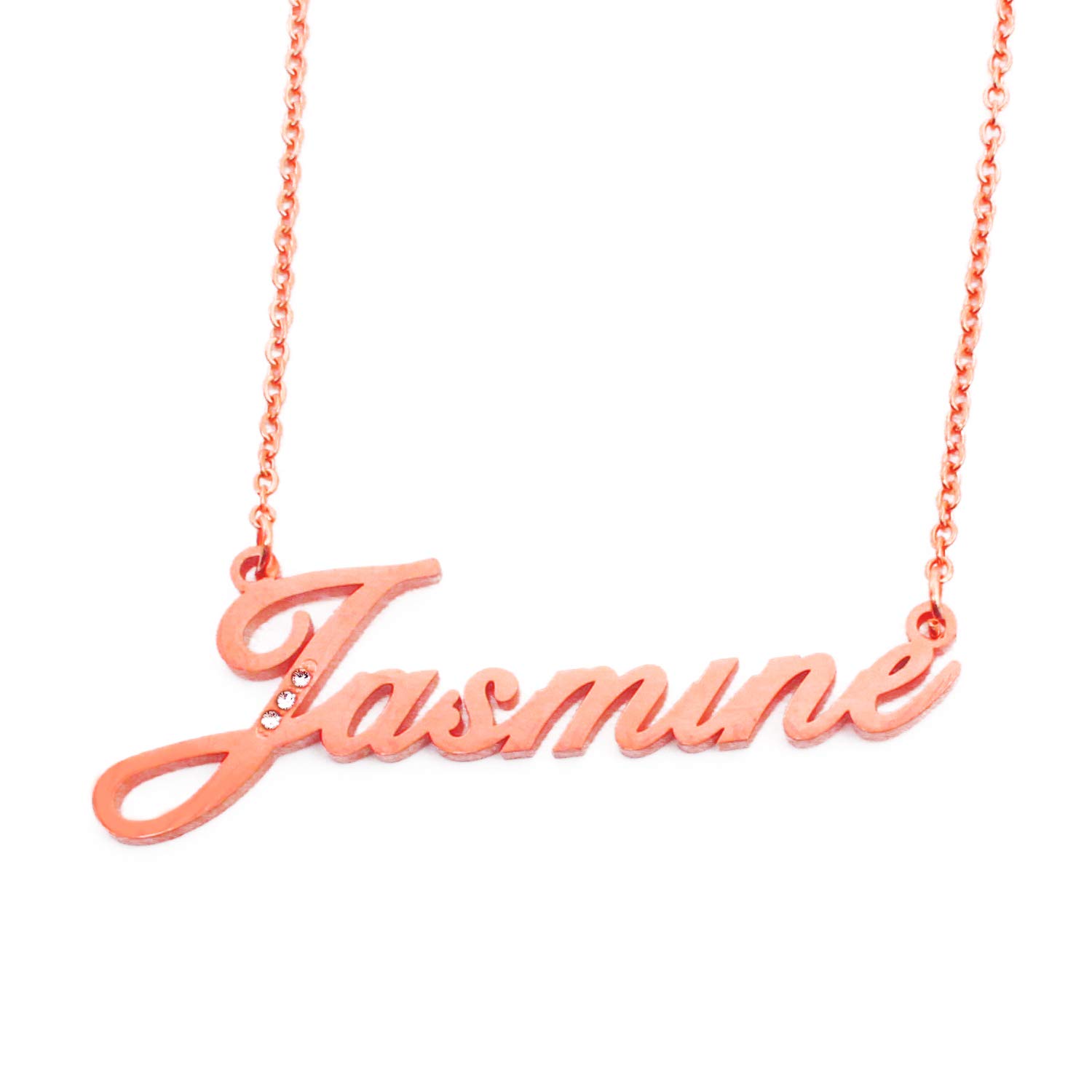 Kigu Jasmine Name Necklace Personalised Rose Gold Plated Inc Crystals, Custom Dainty Name Pendants, Jewellery for Ladies, Girlfriend, Mother, Sister, Friends Inc Bag & Box