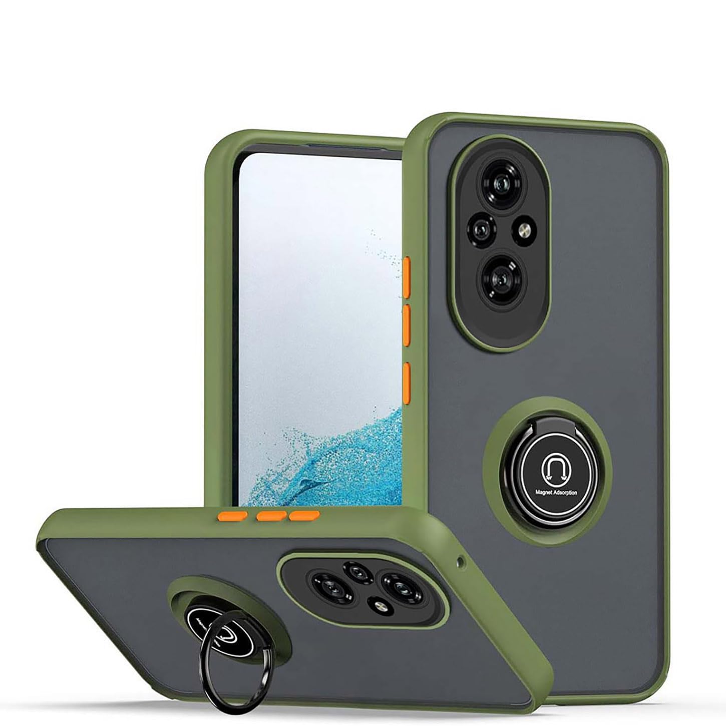 ILING Case for Honor 200 Pro 5G, Ultra-thin Translucent Matte Frosted PC Hard Back Cover, Soft Silicone TPU Bumper Shockproof Protective Case with Ring Kickstand (Army Green)
