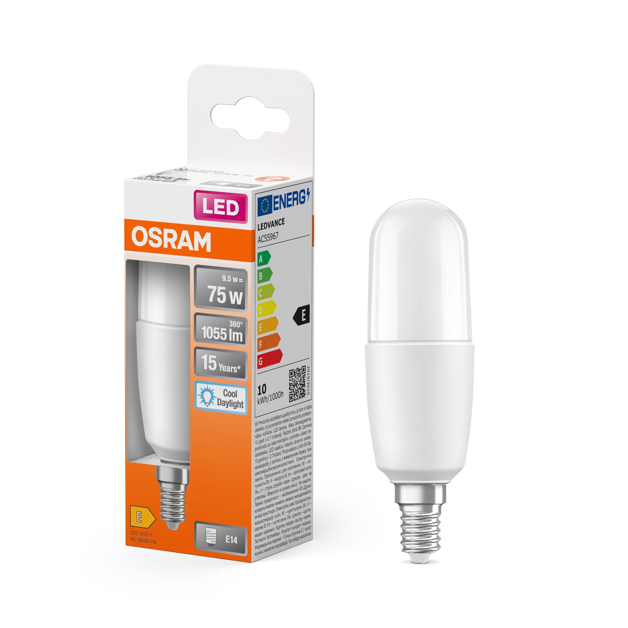OSRAM LED Star Classic Stick, Frosted LED lamp in Stick Shape for E14 Base, Daylight White (6500K), 1050 Lumen, Replacement for Conventional 75W Bulbs, 1-Pack