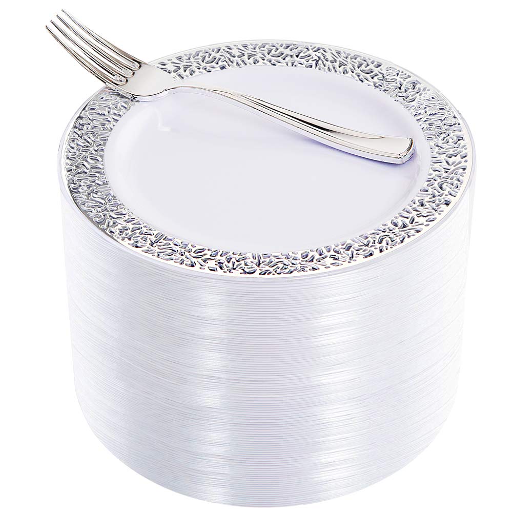 WDF 100pcs Silver Dessert Plates 7.5" with 100 Pieces Disposable Forks 7.4",Lace Design Wedding Party Plastic Plates, Fancy Salad Plates and Appetizer Plates for all Holidays & Occasions