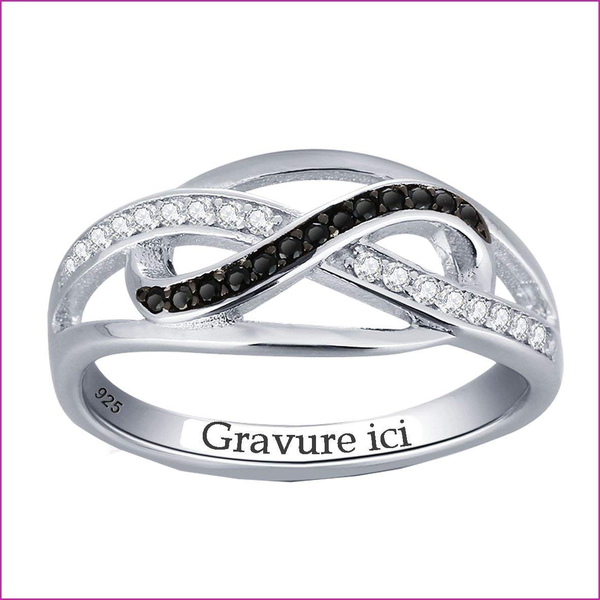 Bague Infini Deux Tons Noir Et Blanc En Argent Sterling 925 – Zircon Cubique, Corde Entrelacée, Personnalisable Pour Femme
