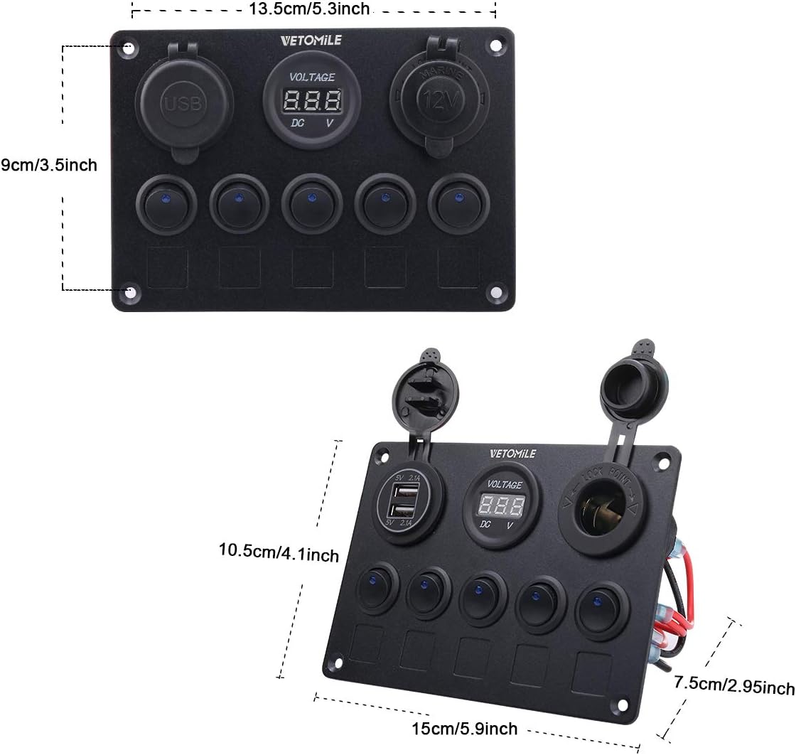 VETOMILE Boat Marin Rocker Switch Panel Waterproof 3 Pin 5 Gang Marine Fuse Digital Voltage Display Dual 5V/2.1A USB Charger Cigarette Lighter Socket 12V-24V for Car Truck: Automotive