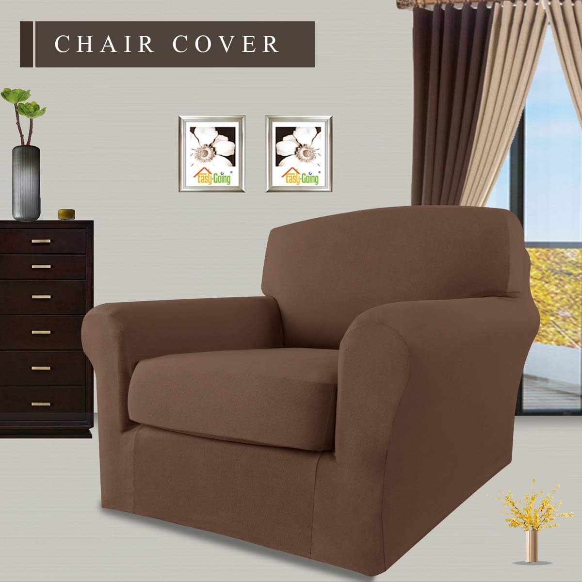 Easy-Going 2 Pieces Microfiber Stretch Couch Slipcover – Spandex Soft Fitted Sofa Couch Cover, Washable Furniture Protector with Elastic Bottom for Kids,Pet (Chair, Brown): Furniture & Decor