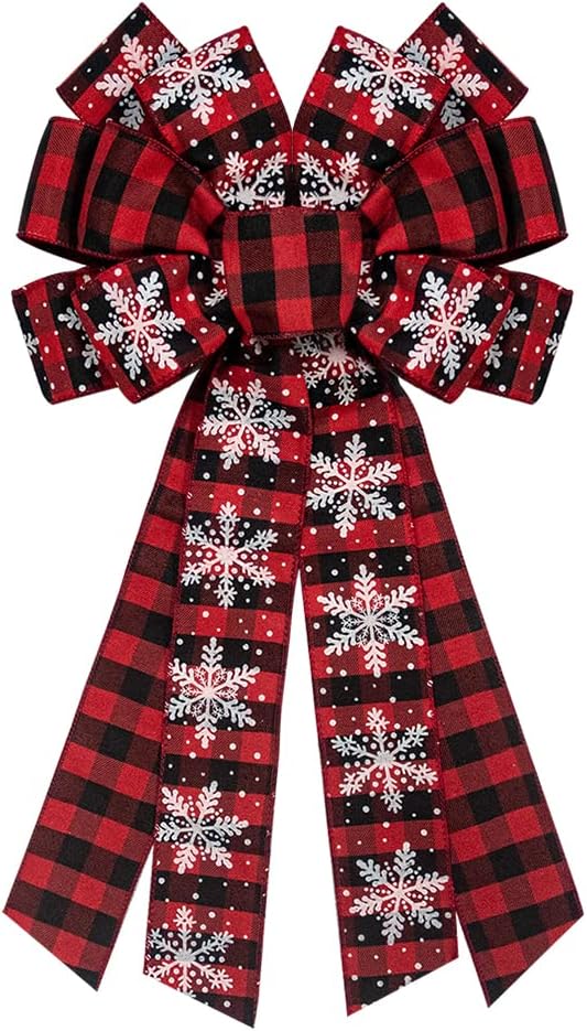 Bows & Ribbons - Hying Large Christmas Bow for Wreath, Red Black Buffalo Plaid Bows for Front Door Wall Fence Decor, Christmas Snow Wreath Bow Tree Topper Bow for Winter Christmas Party Decoration Supplies