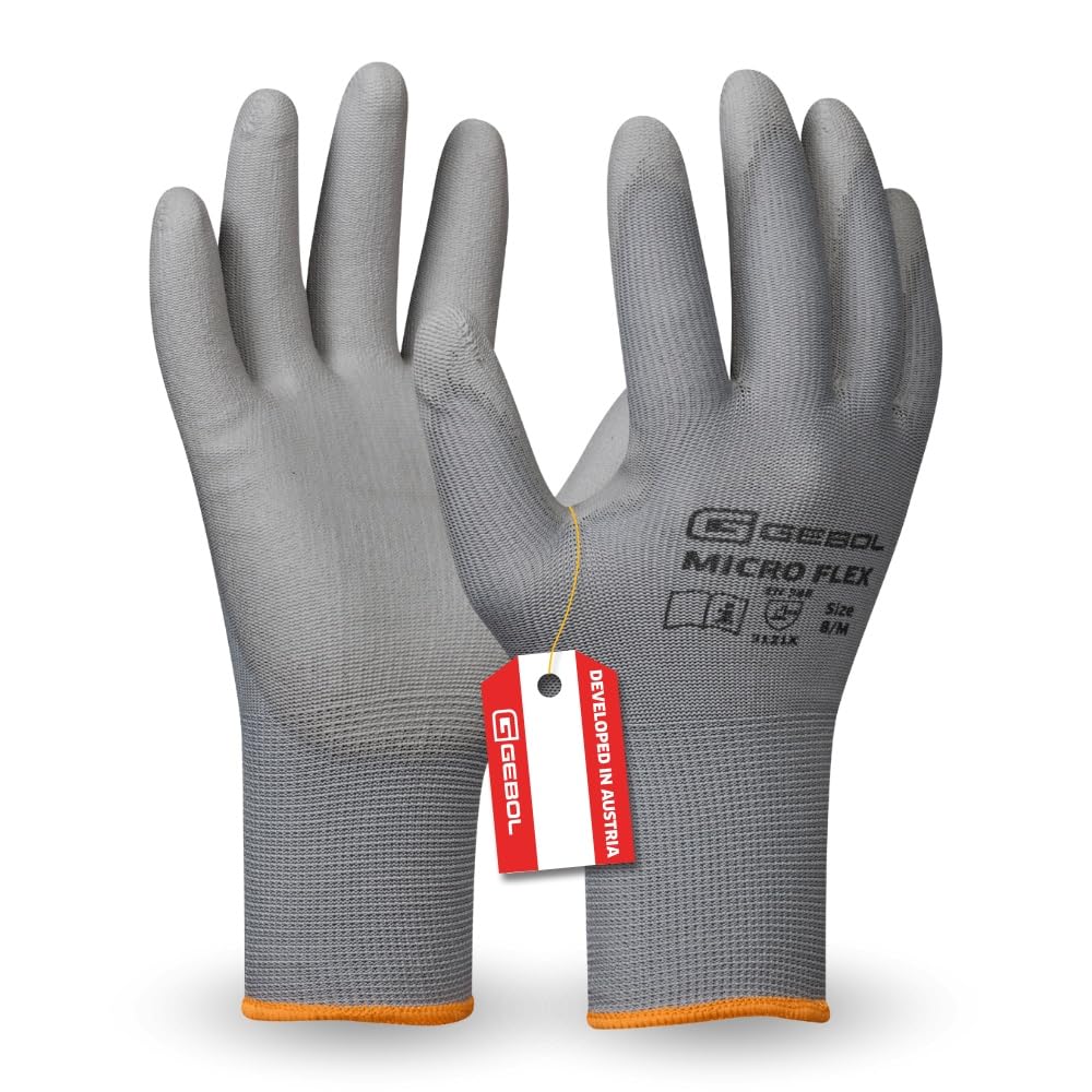 Gebol Nano Flex, 1 Paar Arbeitshandschuhe Herren, atmungsaktive Montagehandschuhe mit PU-Beschichtung für präzises Feingefühl und Griffsicherheit, Gr. L/9, Grau